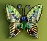 Small Green, Blue and Red  Butterfly Fabric Magnetic Brooch With Green Glass Body - Laura Wilson Gallery 