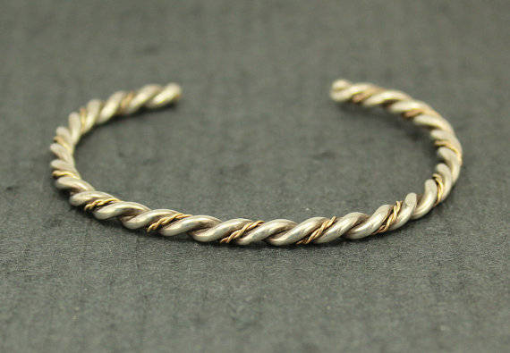 Double Tone Twisted Sterling Silver Bangle Gold & Silver Wire Stacking  Bracelet