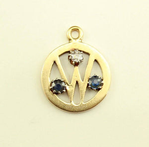 Initial "W" 14 K Gold Pendant with Sapphires and Diamond - Laura Wilson Gallery 