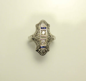 18 Karat White Gold Victorian or Edwardian Diamond and Sapphire Dinner Ring - Laura Wilson Gallery 