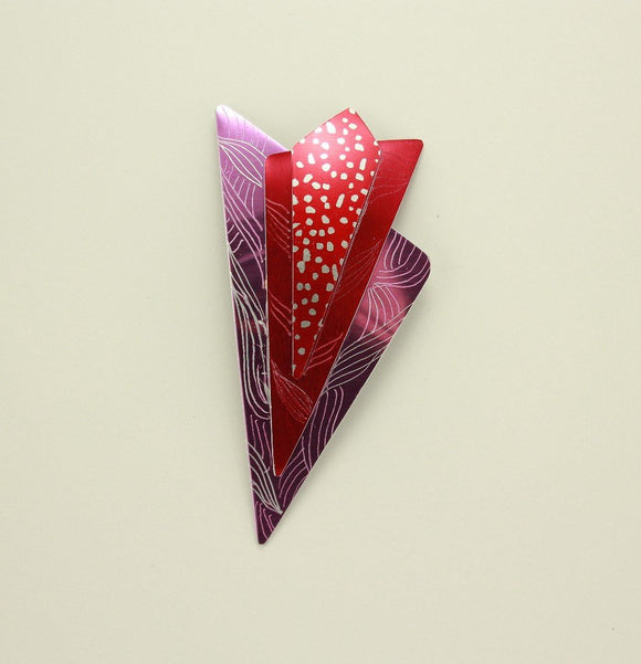 Handmade Original Design Red and Pink Aluminum Triangle Magnetic Brooch - Laura Wilson Gallery 