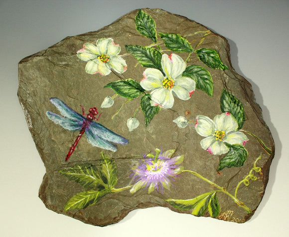 Original Acrylic Dragonfly and Passion Flower Painting 