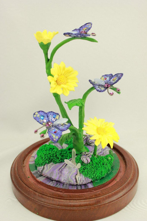 Handmade Polymer Clay Purple Butterfly and Yellow Daisy Sculpture with Glass Dome Display - Laura Wilson Gallery 