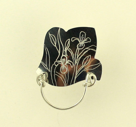 Magnetic Eyeglass Holder Engraved Iris Flower Original Handmade Design - Laura Wilson Gallery 