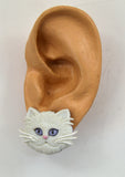 Off White Cat Earrings with Blue Eyes and Pink Nose