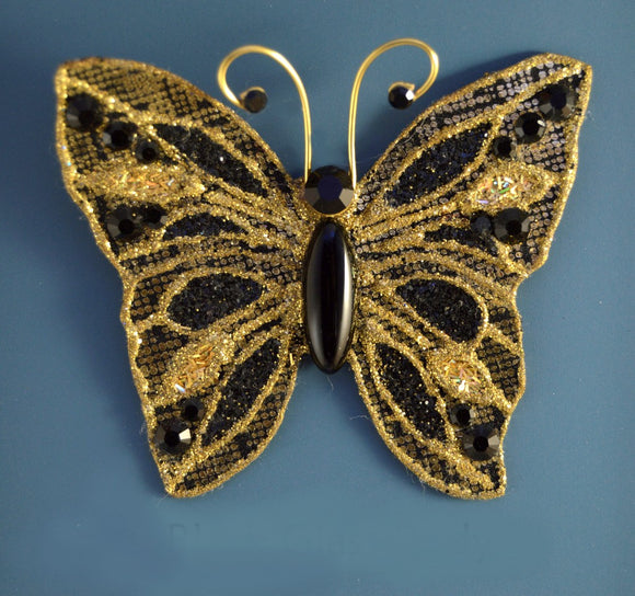 Small Gold Butterfly Fabric Magnetic Brooch With Black Onyx  Body - Laura Wilson Gallery 