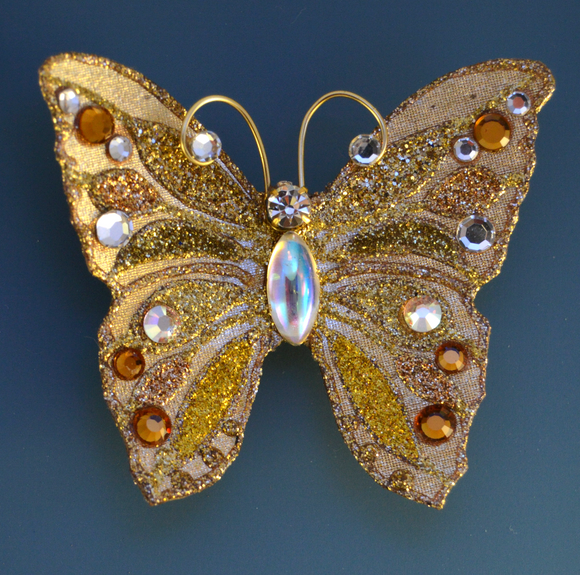 Small Gold Butterfly Fabric Magnetic Brooch With AB Czech Glass  Body - Laura Wilson Gallery 