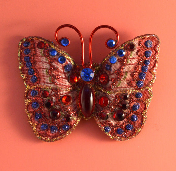 Small Red and Blue  Butterfly Fabric Magnetic Brooch With Red Glass Body - Laura Wilson Gallery 