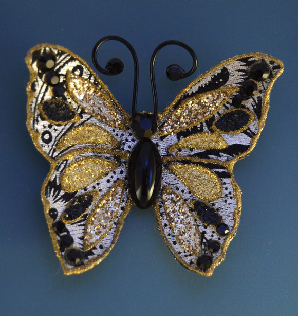 Small Silver and Gold Butterfly Magnetic Fabric Brooch With Bohemian Glass  Body - Laura Wilson Gallery 