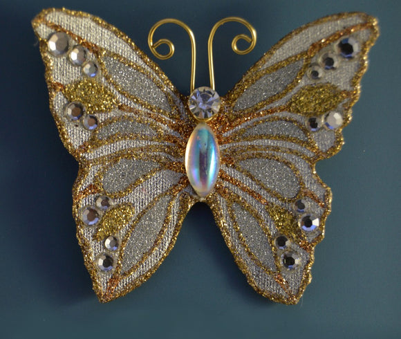 Small Silver and Gold Butterfly Magnetic Fabric Brooch With Aurora Borealis Glass  Body - Laura Wilson Gallery 
