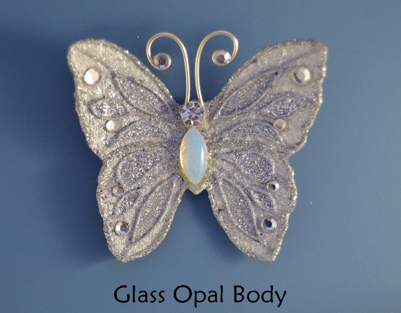 Small Silver Butterfly Magnetic Fabric Brooch With Opal Glass  Body - Laura Wilson Gallery 