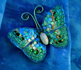 Small Turquoise Butterfly Fabric Magnetic Brooch With Turquoise Glass Body - Laura Wilson Gallery 