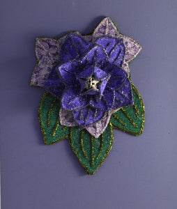 Purple Flower And  Green Leaf Magnetic Brooch - Laura Wilson Gallery 