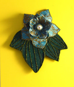 Turquoise Flower And  Green Leaf Magnetic Brooch with Pearl Center - Laura Wilson Gallery 