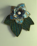 Turquoise Flower And  Green Leaf Magnetic Brooch with Pearl Center - Laura Wilson Gallery 