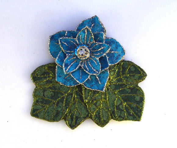 Turquoise Flower And  Green Leaf Magnetic Brooch with Silver Filigree - Laura Wilson Gallery 