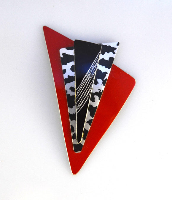 Handmade Original Design in Cow Print and Black Aluminum Triangle Magnetic Brooch - Laura Wilson Gallery 
