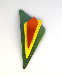 Handmade Original Design Green, Yellow and Orange Aluminum Triangle Magnetic Brooch - Laura Wilson Gallery 