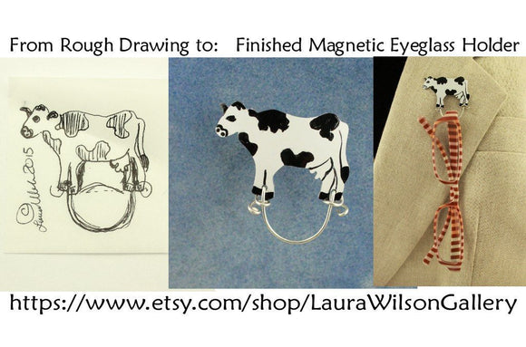 Magnetic Eyeglass Holder Lanyard Custom Made Original Design Black & White Cow - Laura Wilson Gallery 