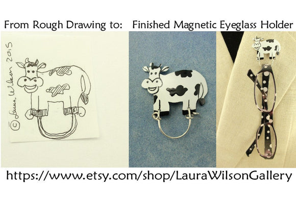 Magnetic Eyeglass Holder Lanyard or Brooch Custom Made Original Design Fat Black & White Cow - Laura Wilson Gallery 