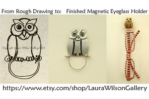 Handmade Hand Painted Owl Magnetic Eyeglass Holder With Feathers - Laura Wilson Gallery 