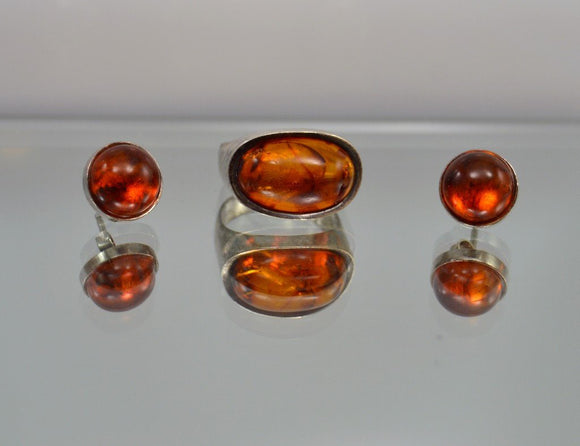 Matching set of 10 mm and 12 x 18 mm Amber Stone Sterling Silver Ring - Laura Wilson Gallery 