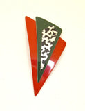 Handmade Original Design Red, Green, Red, Silver and Black Aluminum Triangle Magnetic Brooch - Laura Wilson Gallery 