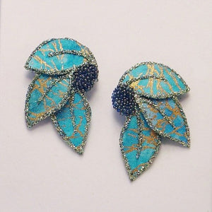 Fabric Magnetic Leaf Earrings in Turquoise and Gold - Laura Wilson Gallery 
