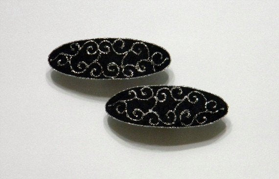 Handmade and Hand Painted Silver and Black Fabric Hair Barrettes - Laura Wilson Gallery 