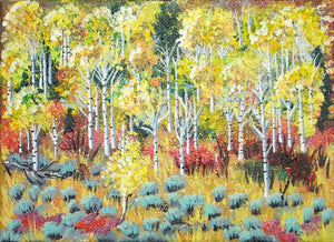 Original Acrylic Painting of Aspen Trees and Sage on Canvas Board - Laura Wilson Gallery 