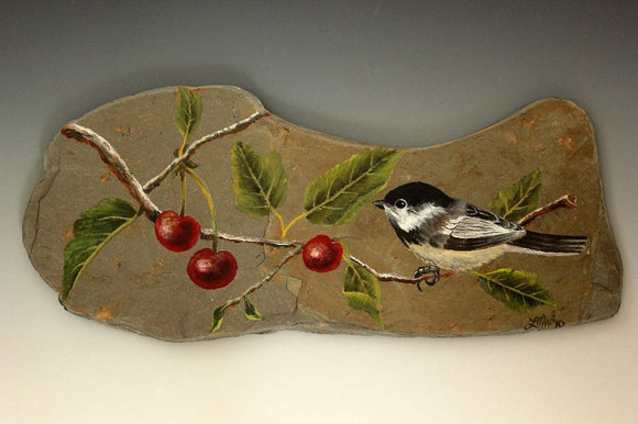 Original Acrylic Painting Cherries and Chickadee on Slate - Laura Wilson Gallery 