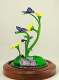 Handmade Polymer Clay Purple Butterfly and Yellow Daisy Sculpture with Glass Dome Display - Laura Wilson Gallery 