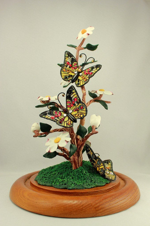 Dogwood Flower and Fabric Butterfly Polymer Clay Sculpture with Glass Dome Display - Laura Wilson Gallery 