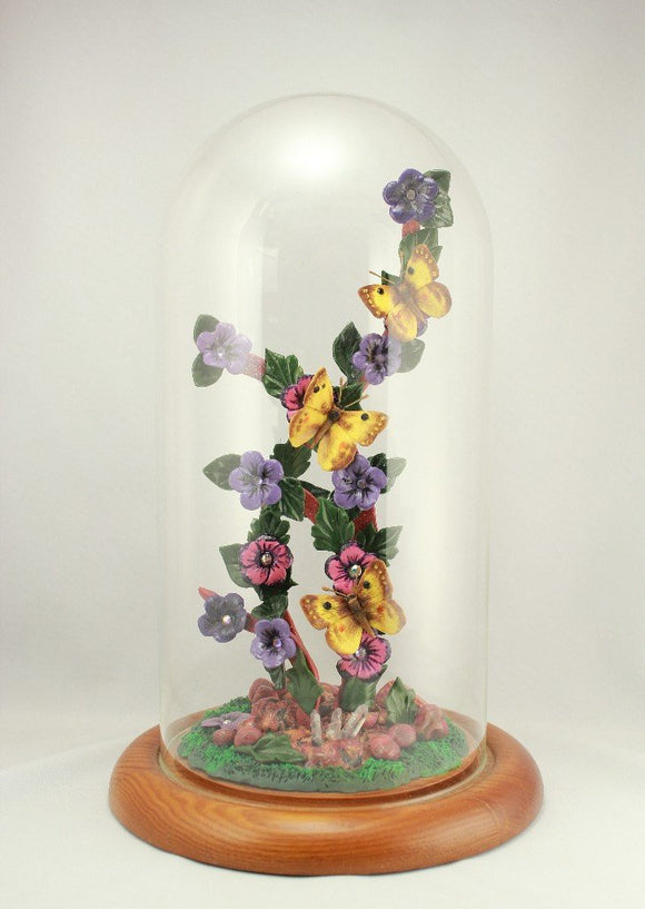 Purple and Pink Flower Yellow Butterfly Polymer Clay Sculpture with Glass Dome Display - Laura Wilson Gallery 