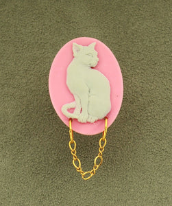 Handmade Acrylic Grey Cat on Pink Oval Magnetic Brooch or Eyeglass Holder - Laura Wilson Gallery 