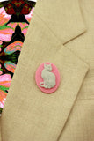 Handmade Acrylic Grey Cat on Pink Oval Magnetic Brooch or Eyeglass Holder - Laura Wilson Gallery 