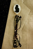 Handmade Black Cat on White Oval Magnetic Brooch or Eyeglass Holder - Laura Wilson Gallery 